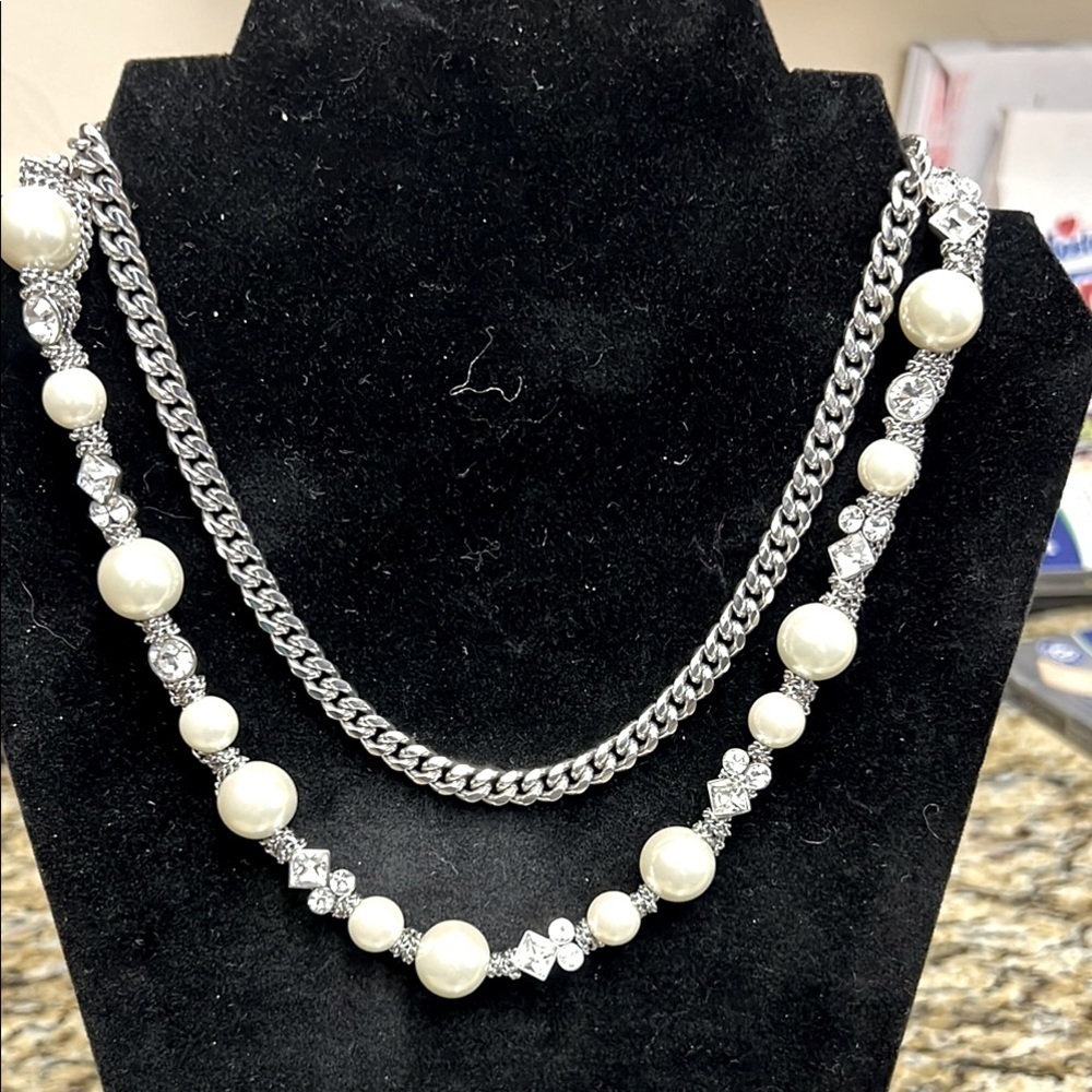 Givenchy Silver-Tone Faux Pearl & Rhinestone Double Strand Necklace
